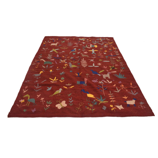 Red Color Embroidery Flatweave Kelim 5' 6" x 7' 9" (ft) - No. B34460