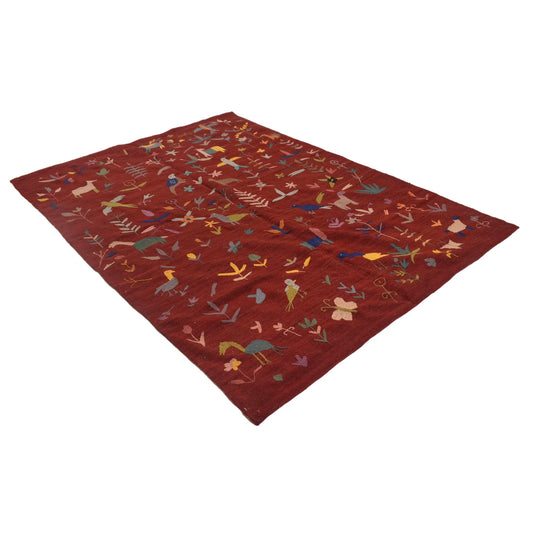 Red Color Embroidery Flatweave Kelim 5' 6" x 7' 9" (ft) - No. B34460