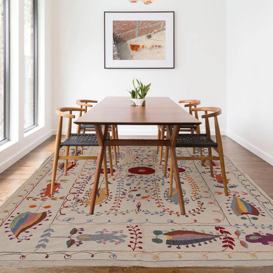 Beige Color Embroidery Flatweave Kilim 5' 3" x 7' 10" (ft) - No. B32080