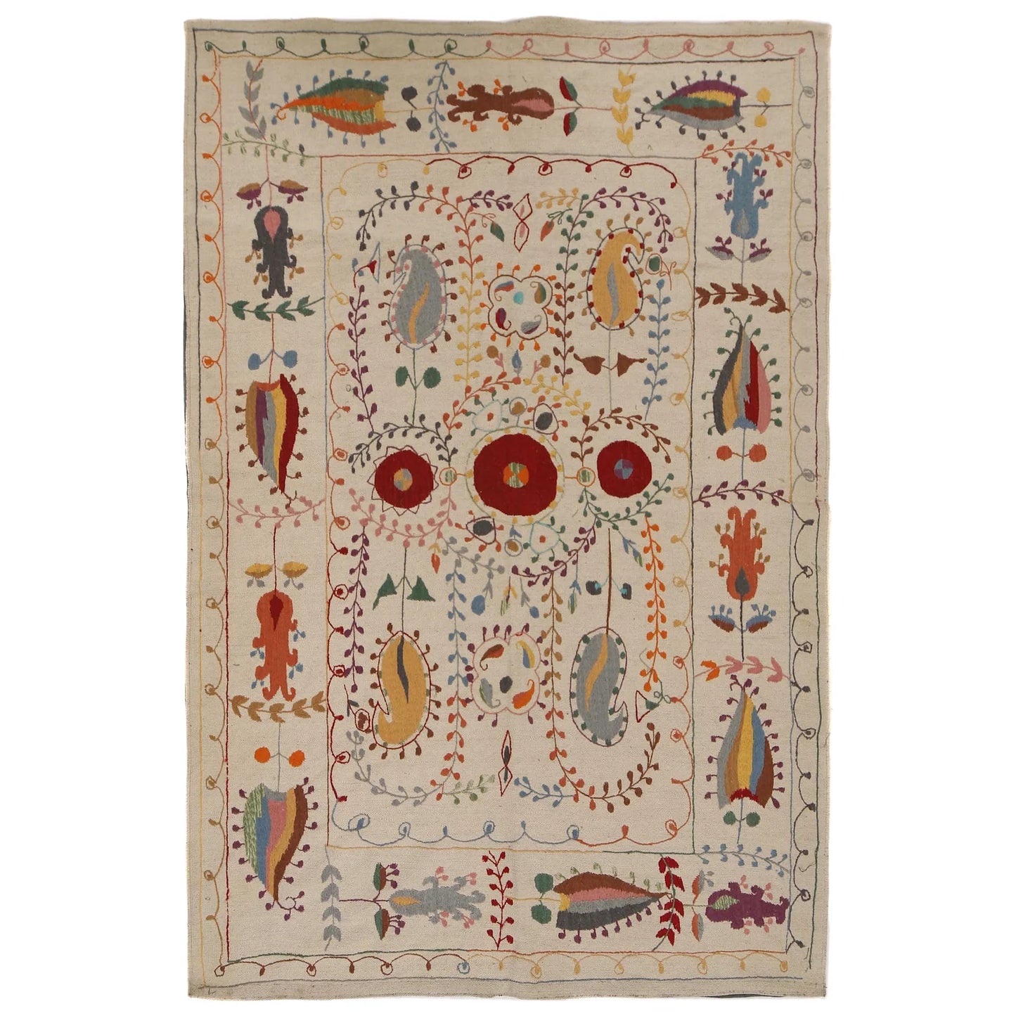 Beige Color Embroidery Flatweave Kilim 5' 3" x 7' 10" (ft) - No. B32080