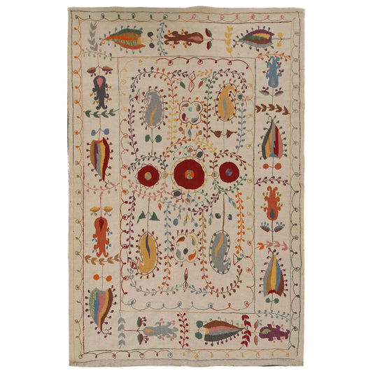 Beige Color Embroidery Flatweave Kilim 5' 3" x 7' 10" (ft) - No. B32080