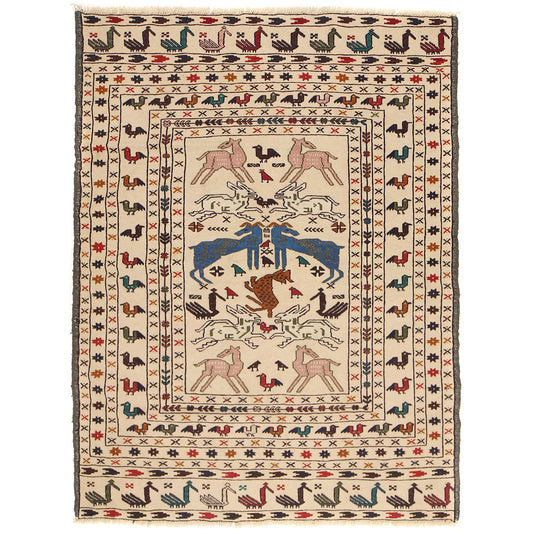 White Flat Weave Kelim 4' 6" x 5' 12" ft / 136 x 182 cm - No. B20012